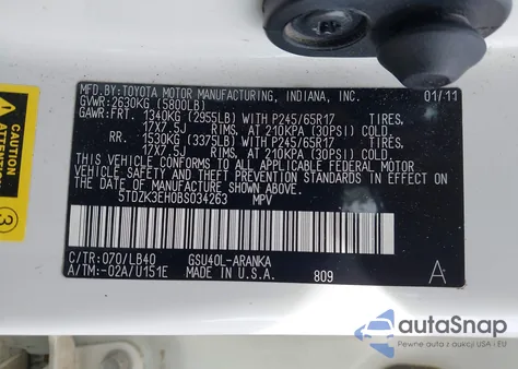 2011 Toyota Highlander Se V6 z USA, uszkodzony, nr VIN 5TDZK3EH0BS034263